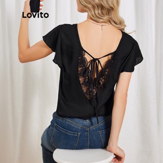 Lovito Blusa com Laço nas Costas e Malha Contrastante para Mulheres LBL06032 (Preto)