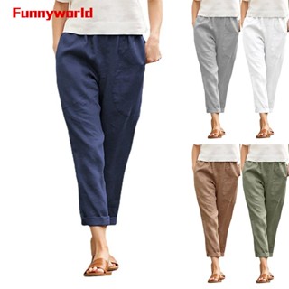 Calça Feminina M-2XL Compromissos Sólidos Retos Linho De Algodão Confortável