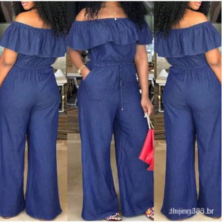 Macacão de jeans feminino com babados de cintura alta e corda