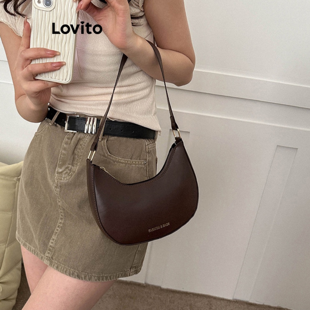 Detalhes do (Trendy) Lovito Bolsa De Ombro Casual Bolsa De Ombro Básica Lisa Para Mulheres L66AD030 (Marrom/Preto)