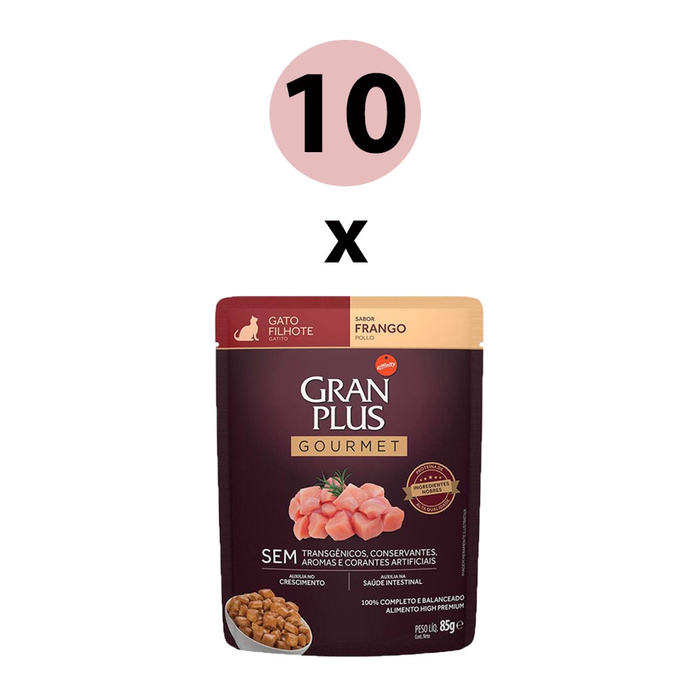 KIT 10 Ração Úmida Gran Plus Gourmet Gatos Filhotes Frango Sachê 85g