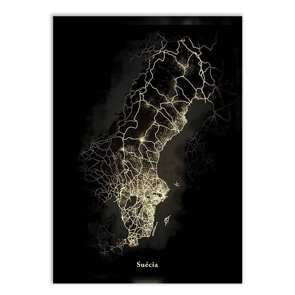 Placa Decorativa A4 Mapa Suécia Preto E Dourado Luxo Poster