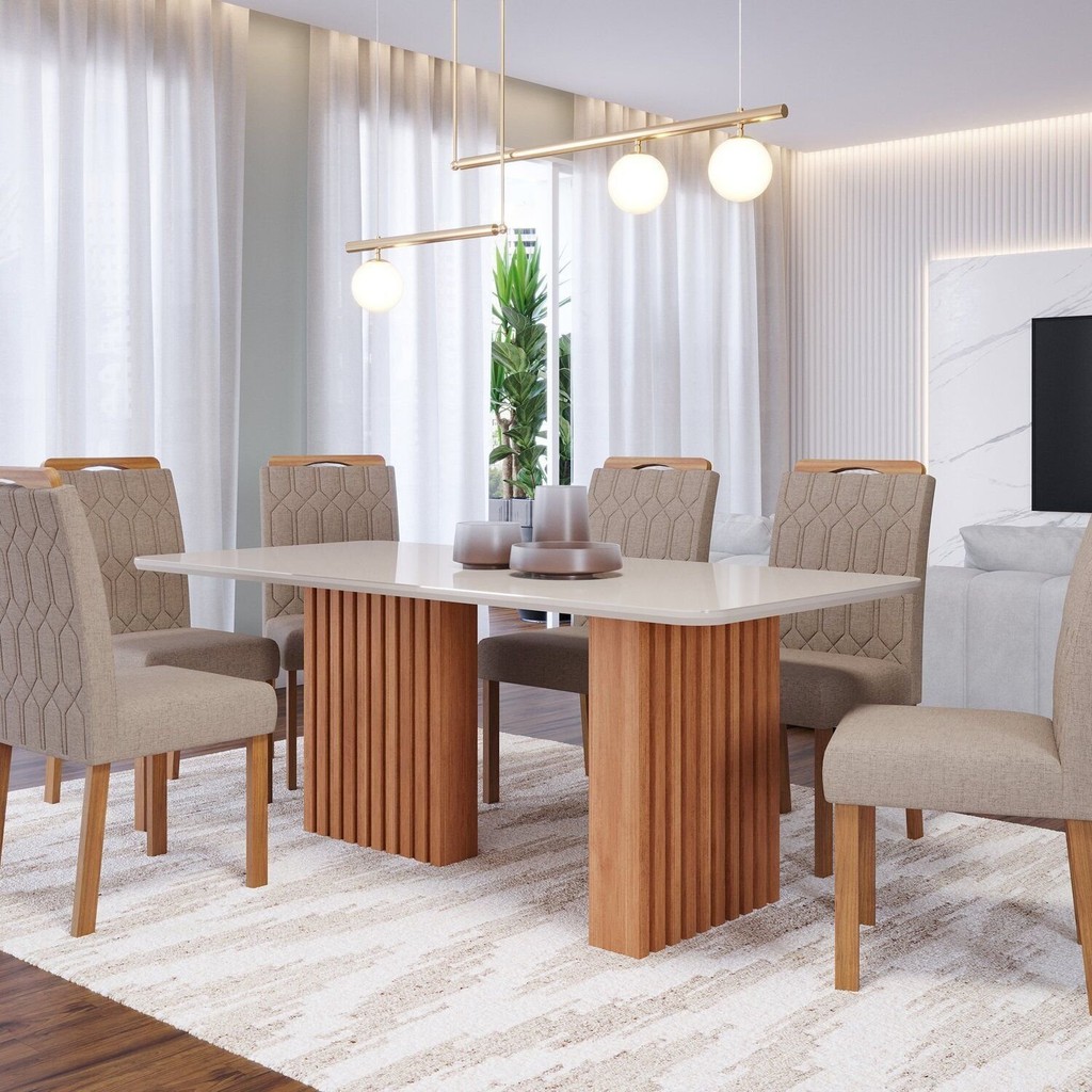 Conjunto Sala de Jantar 6 lugares Retangular Tampo de Vidro/MDF Ester Cadeiras Paola Cinamomo/Off White/Bege
