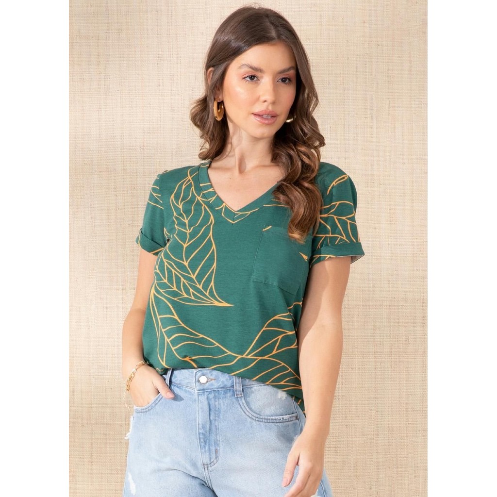 Blusa Com Decote V E Bolso Verde Quintess em Oferta na Shopee