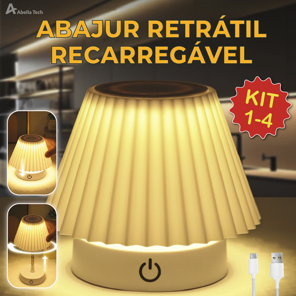 Luminária de Mesa Abajur LED Recarregável Retrátil de Aço Luz Neutra Ajustável 3 Tons USB