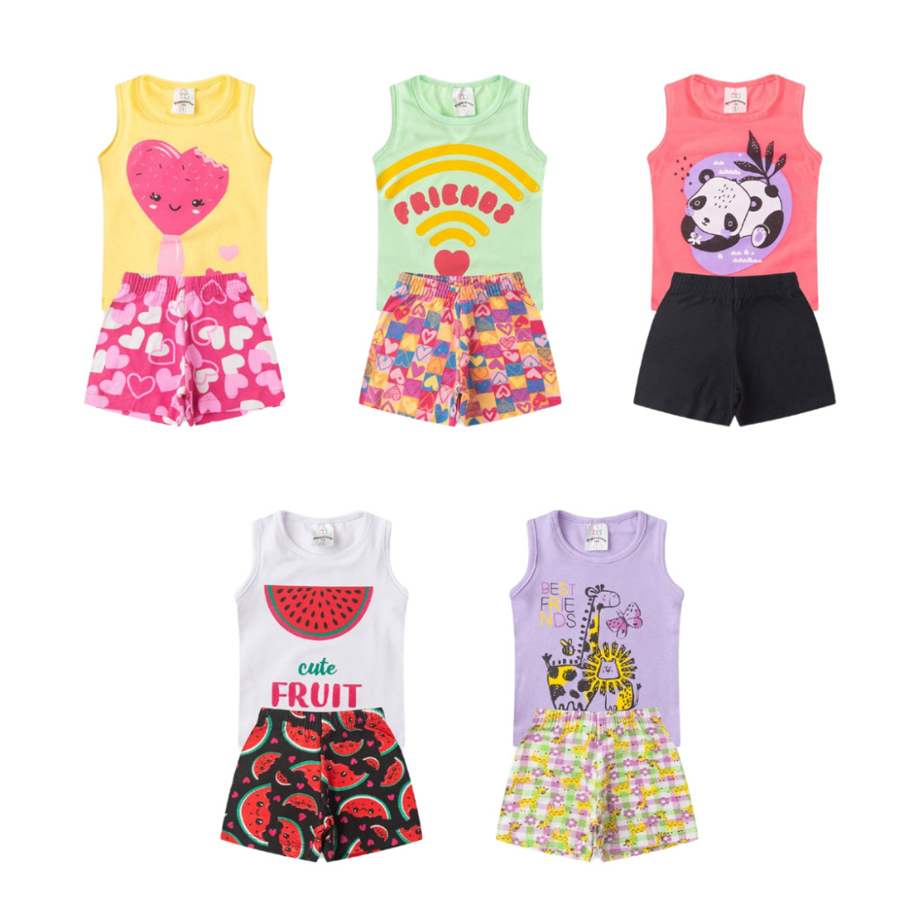 Kit C/ 2 Peças Conjunto Verão Regata + Shorts Infantil e Juvenil Menina Tamanho 01 ao 14
