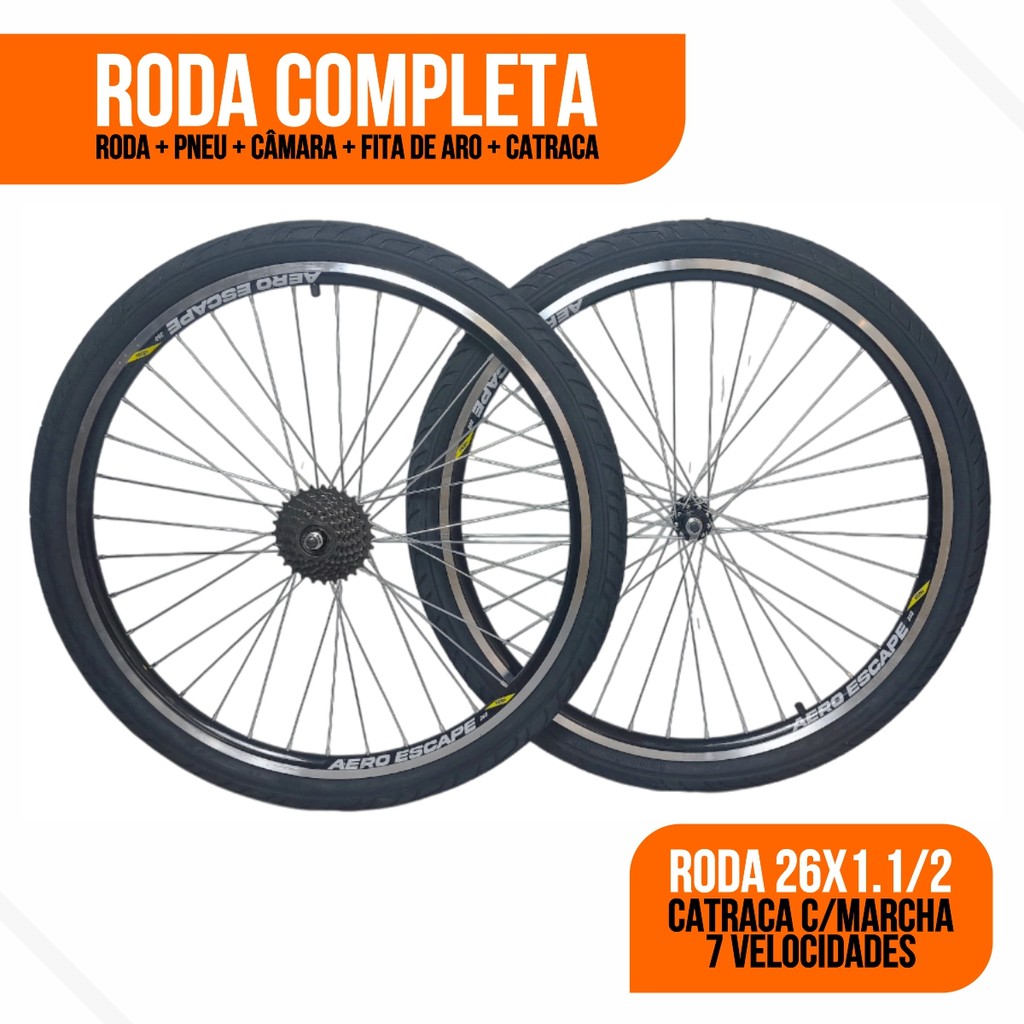 Roda Completa 26x1.9 Raio Grosso/Cubo Aço Aero Vzan C/ Pneus Praieiro e Camara Kenda + Catraca em Oferta na Shopee