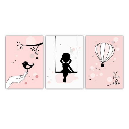 PLACA QUADRO DECORATIVO INFANTIL BEBE MENINA BALANÇO 20X30 KIT 3 PEÇAS