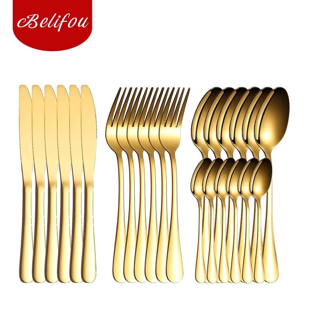 Belifou Kit 24 Jogo De Talheres Para Bife Aço Inoxidável 416 Dourados Com Colher Pequena em Oferta na Shopee