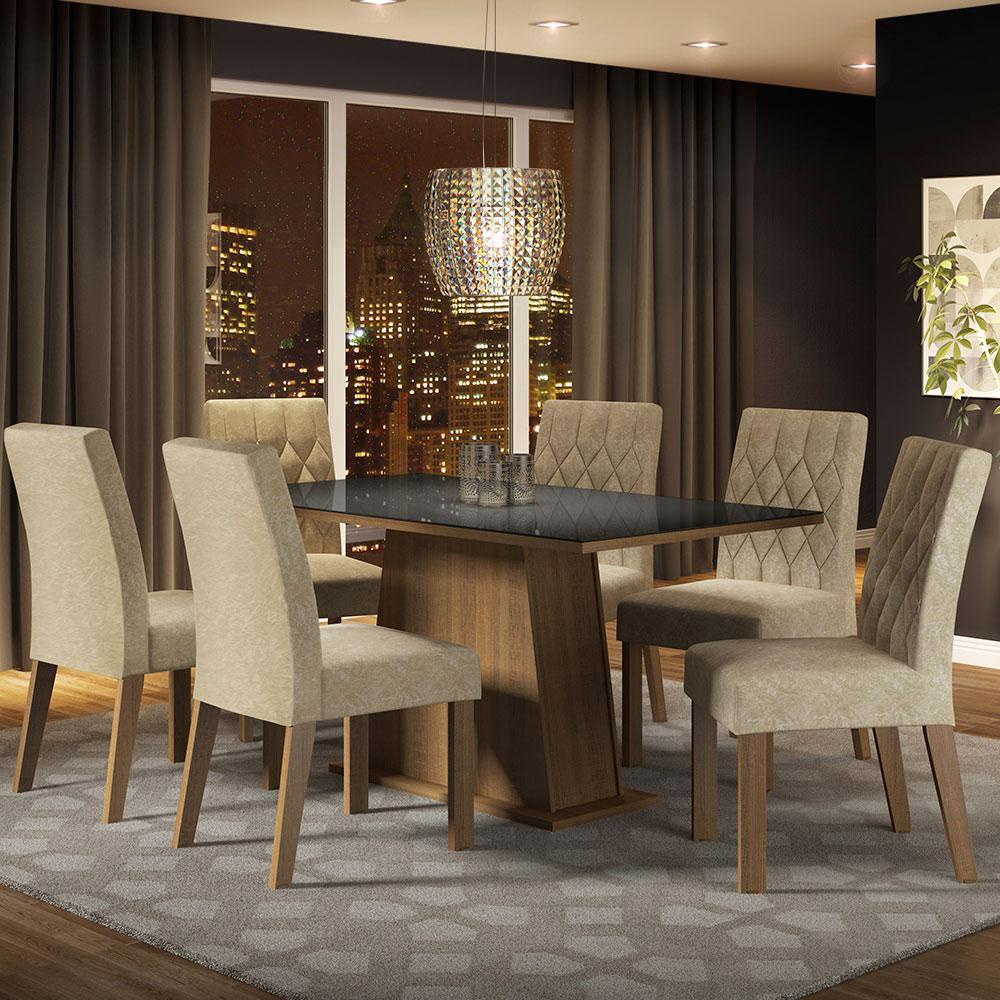 Conjunto Sala de Jantar Mesa Tampo de Vidro 6 Cadeiras Rustic/Preto/Imperial Stéfani Madesa em Oferta na Shopee