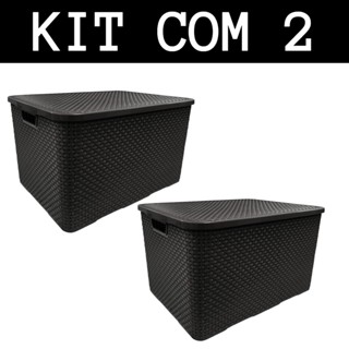 Kit Com 2 - Cesto Caixa Organizadora Rattan Com Tampa - 7 Litros - Preto