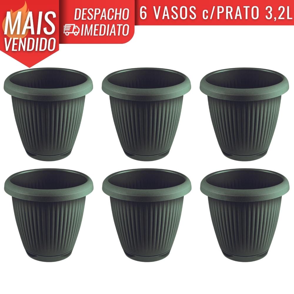 Kit 6 Vasos de Flor Plástico Médio c/Prato 3,2 Litros Moderno Decorativo
