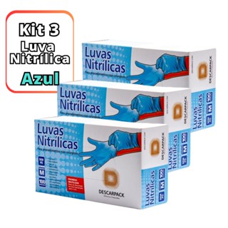 KIt 3 Luva Nitrilica Descartável Azul Procedimento Tamanho P e M Caixa C/100 Unidades Descarpack Totalizando 300 unidades