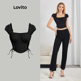 Lovito Camiseta Básica com Babados e Amarração para Mulheres LBE04071 (Preto)
