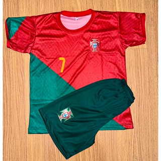 Não Perca Essa!! Kit Conjunto infantil juvenil futebol Portugal Cristiano Ronaldo tamanho do 06 ao 14 Compre Já!