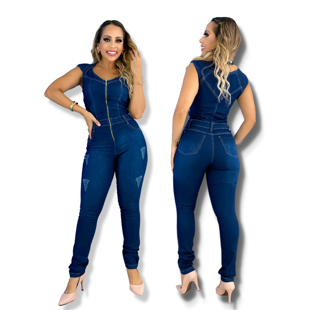 MACACÃO LONGO FEMININO JEANS LYCRA TIPO SKINY LAV ESCURA em Oferta na Shopee