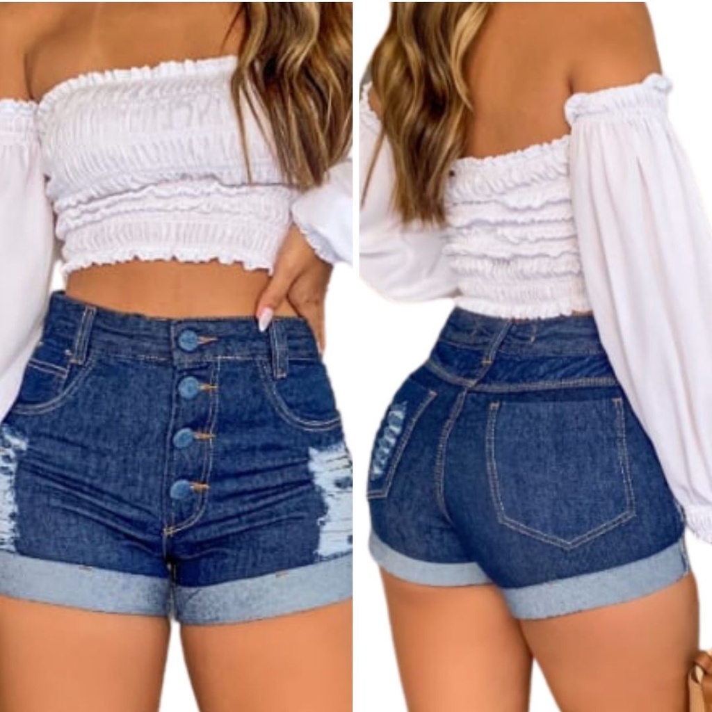 Short Feminino Jeans Bermuda Feminina Sem Lycra Hot Pant Botões Cobertos Destroyed Azul Marinho