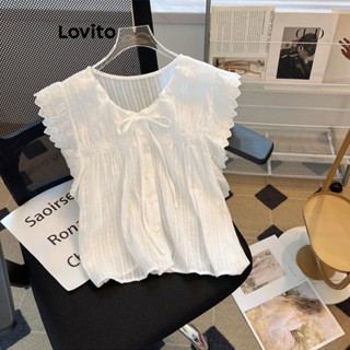 Lovito Casual Blusa Feminina Lisa com Babados Botão e Laço Frontal LNE26062 (Branco/Verde)