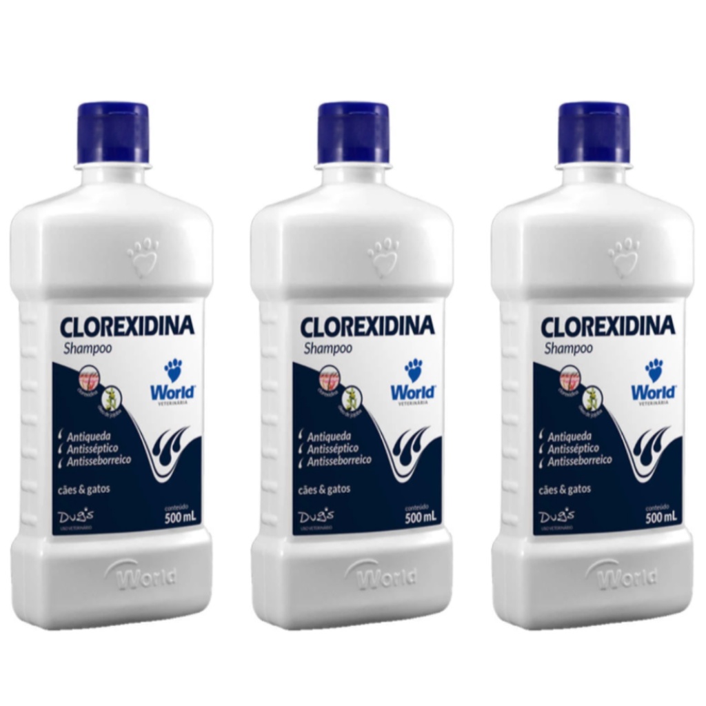 Kit 3 Shampoo Dermatite Clorexidina 500ml World - Pets