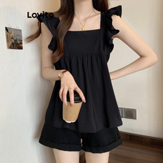 Lovito Casual Blusa Feminina Lisa com Bainha Enrugada LNA27394 (Preto)