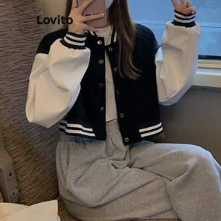 Lovito Casual Jaqueta Feminina Lisa com Zíper e Costura Contrastante LNE30002 (Preto)