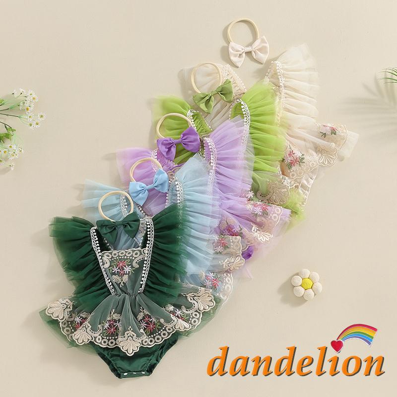 0-24 Meses Baby Girl Romper + Headband Fly Sleeve Bordado Com Manga De Mosca Tulle Patchwork Roupas De Verão Macacão para Bebê Menina Tule Roupas de Verão