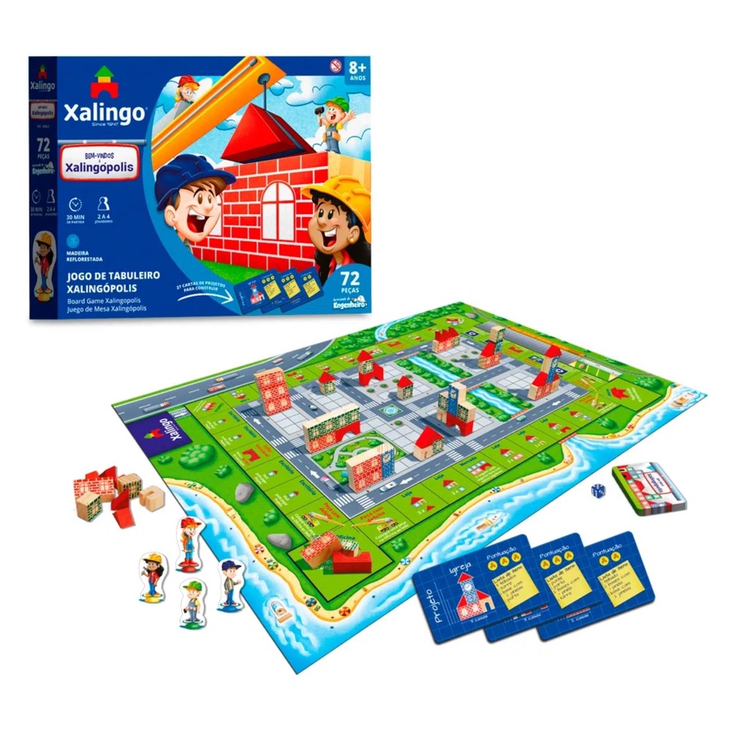 Jogo de Tabuleiro Xalingópolis 72 Peças com Blocos Brincando de Engenheiro para Crianças Acima de 8 Anos Xalingo - 60565
