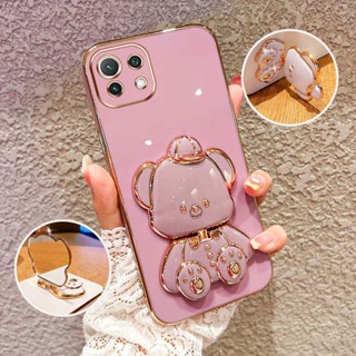 YBD Cute Little Bear Stand Phone Case Para Xiaomi 13 Ultra 13C 14 Pro POCO C65 Material TPU Fino Galvanizado (Com Espelho De Maquiagem)