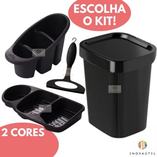 Kit Pia Cozinha Lixeira Friso, Porta Talher Escorredor, Porta Detergente 3em1 e Rodinho em Oferta na Shopee
