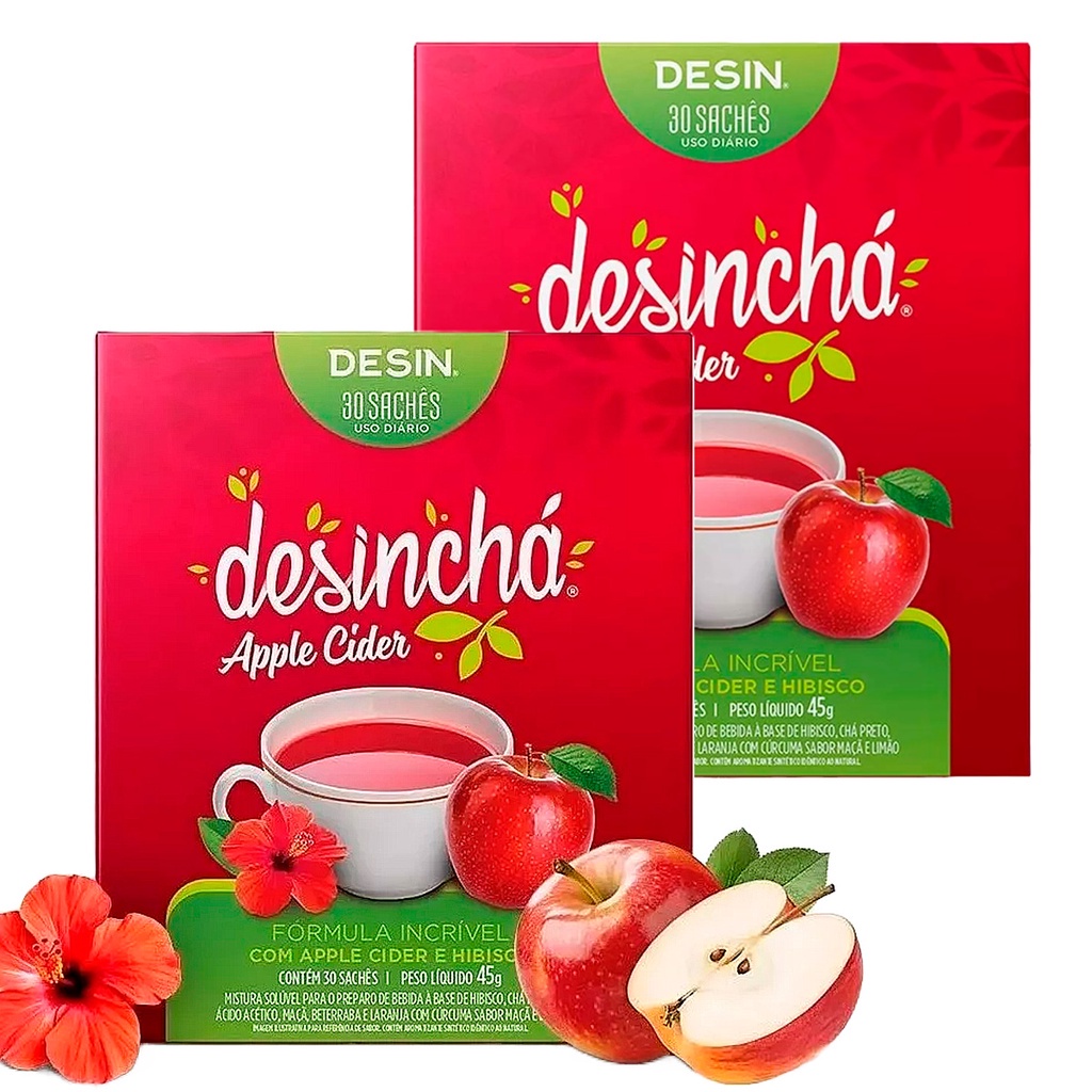 Kit 2 Caixas Desinchá Apple Cider e Hibisco Original Suplemento Natural Ácido Acético 30 Sachês
