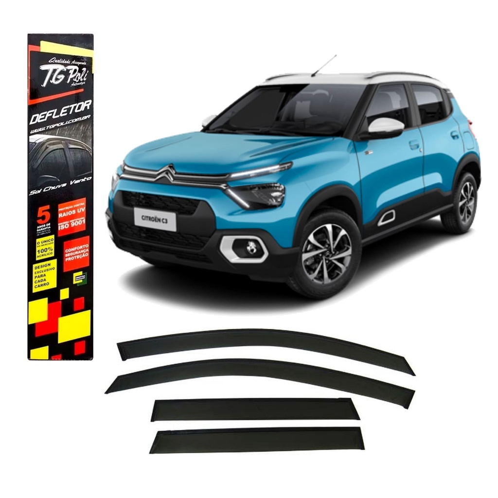 Calha Defletora Automotiva Inteiriça/Slim para C3 4 Portas 2023 Cor Fumê TG Poli - 26.005