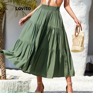 Lovito Saia Plissada Lisa Boho Para Mulheres LNE31020 (Verde Preto)
