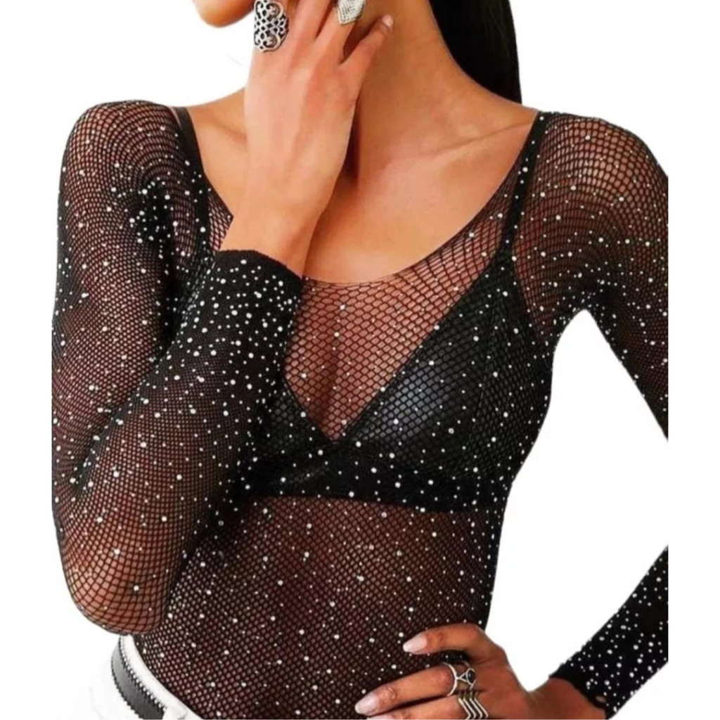 Body Feminino Tule Arrastão Strass Manga Longa Transparente em Oferta na Shopee