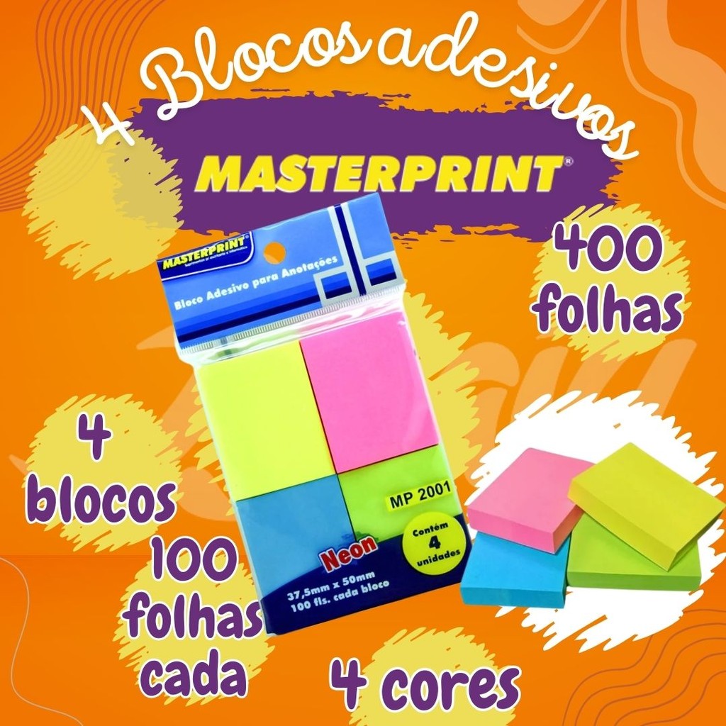 Bloco Adesivo Para Anotações 400 Folhas 4 Cores Neon Masterprint