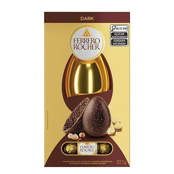 Ovo de Páscoa de Chocolate 50% Cacau e Pedaços de Avelãs com 3 Bombons Ferrero Rocher Caixa 137,5g em Oferta na Shopee