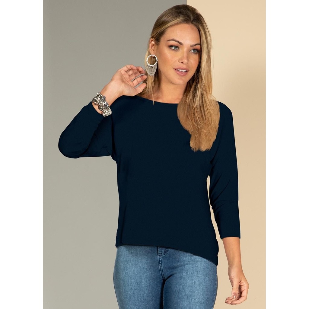 Blusa Em Malha De Viscose Azul Quintess em Oferta na Shopee
