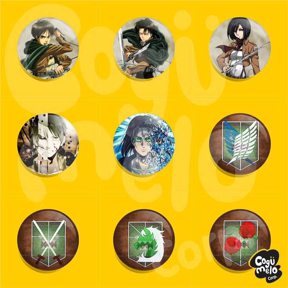 Bottons Anime Shingeki no Kyogin Attack on Titan Eren Mikasa Levi 4,5cm