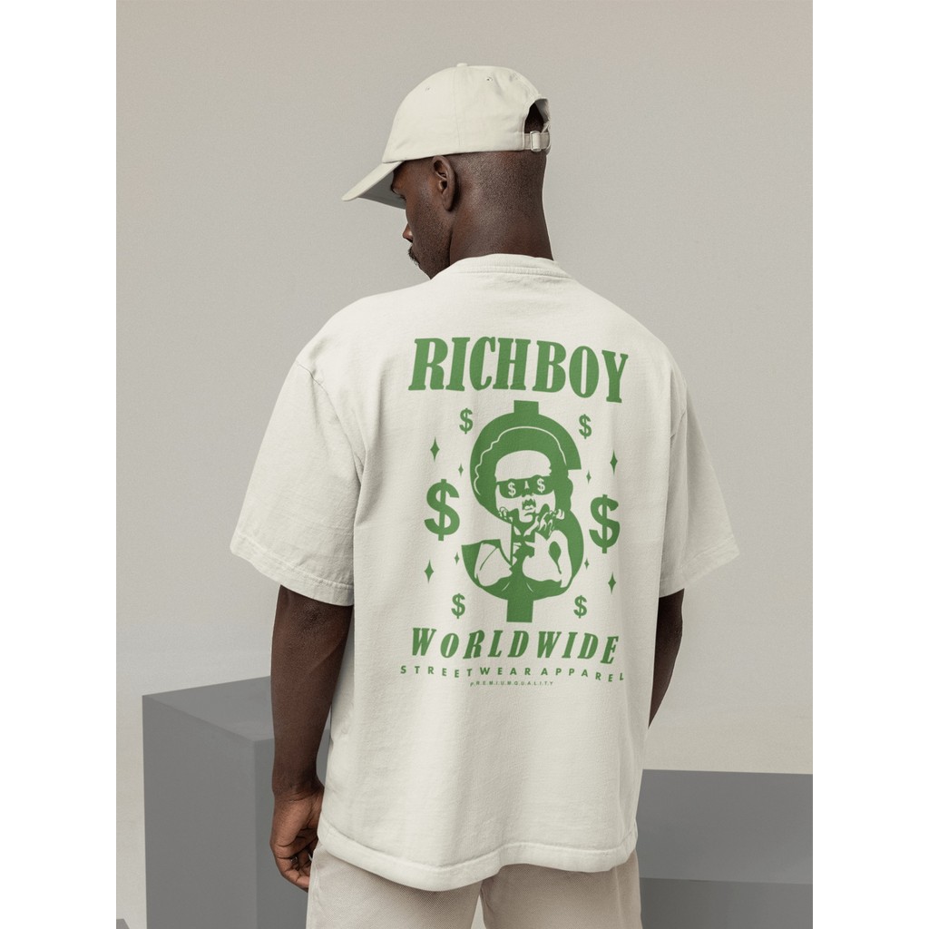 Camisa Camiseta Oversized Gola Alta Streetwear Masculino e Feminino 100% Algodão Preto e Off Whte Estampado - RICH BOY