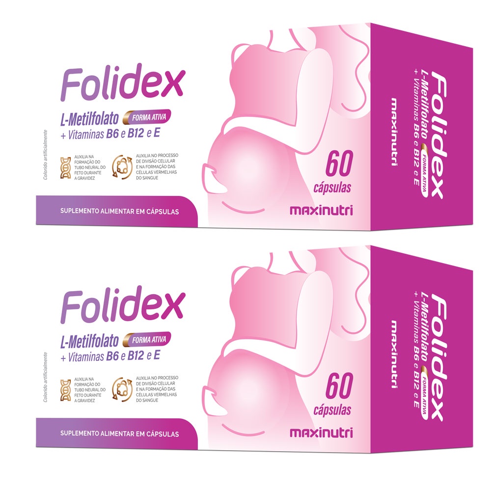 Kit 2 Folidex Metilfolato 420mcg com Vitaminas B6 B12 e Vitamina E 60 Cápsulas Maxinutri