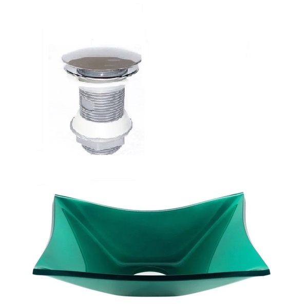 CUBA DE VIDRO RETANGULAR 39CM VERDE + VALVULA CLICK
