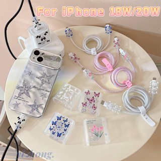 Conjunto 5PCS Para iPhone 18W/20W Carregador De Caixa De Carga Protetor De Linha De Dados DIY Espiral Wrap Fancy Butterfly Tulip Flower Cabo De Mordida De Borboleta Capa Macia TPU Iluminação Android Mirco-USB Tipo C