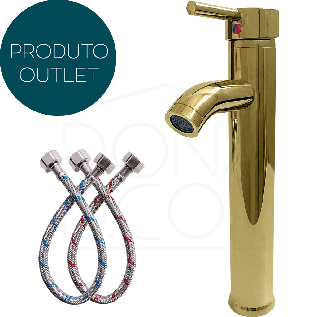 Torneira Banheiro Dourada Monocomando Inox 304 Outlet Cuba De Sobrepor Bica Alta Misturador