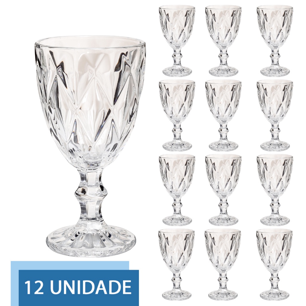 Conjunto 12 Copo Transparente Taça Diamante Agua Vinho 300ml