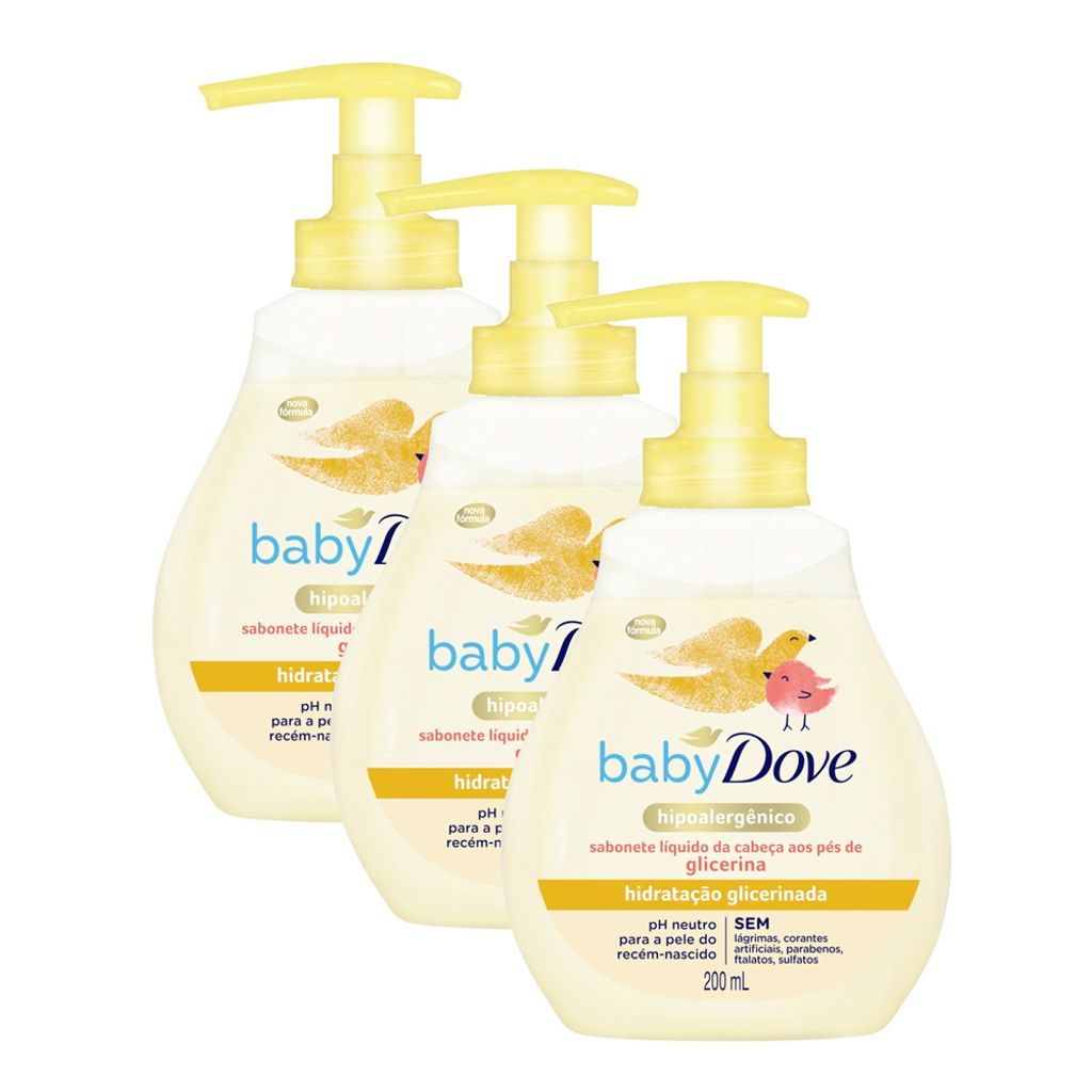 Sabonete Líquido Dove Baby Hidratação Glicerinada da Cabeça aos Pés 200ml | Kit com três unidades