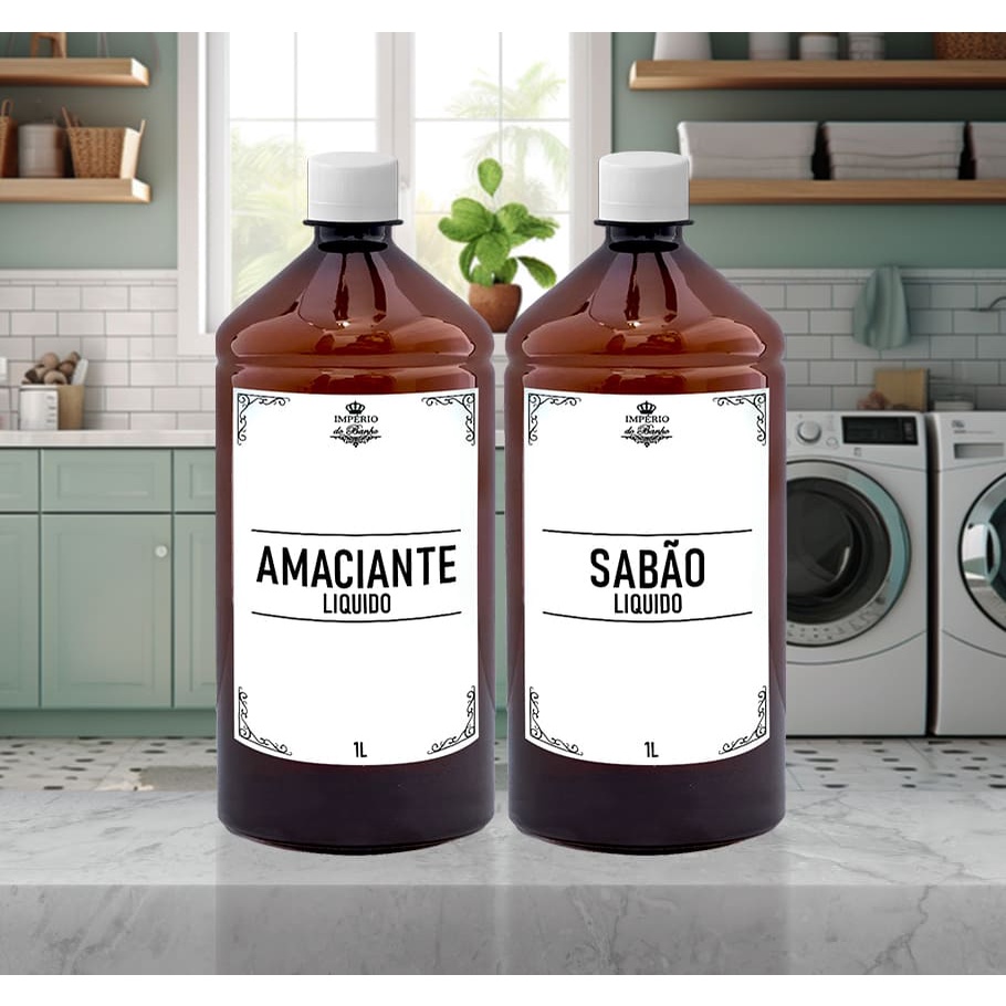 Kit Lavanderia Organizada 2 Frascos Plástico Pet Âmbar 1 Litro | Sabão Amaciante Liquido | Minimalista