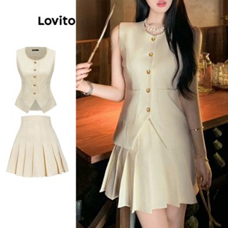 Lovito Casual Conjunto Feminino Liso de Saia Plissada com Botão L65ED108 (Damasco)
