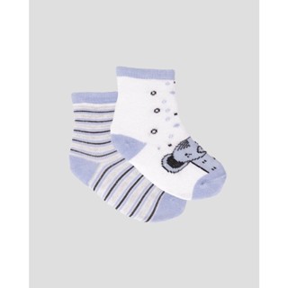 Kit 2 Meias Bebê Cano Médio Estampa Elefante Listrada Branco Azul Claro