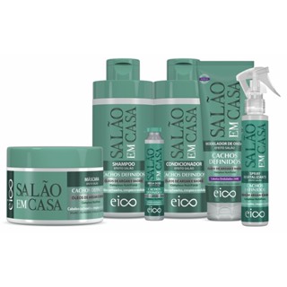 Eico Salão Em Casa Cachos Definidos Shampoo e Condicionador 450ml + Máscara Hidratação + Leave-in Spray Protetor Térmico