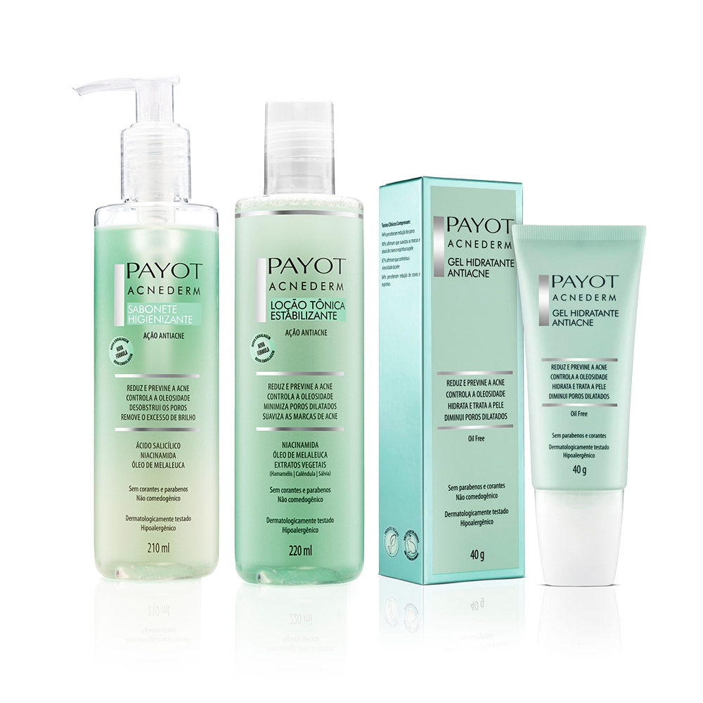 Kit Limpeza Tonificação e Gel Hidratante Acnederm Payot