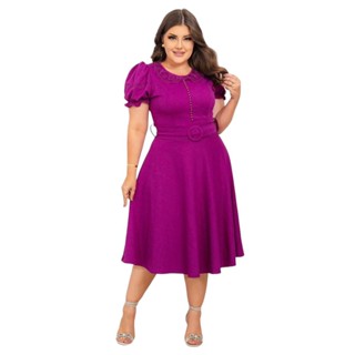 Vestidos Moda Evangélica Com Cinto Pérolas Detalhe Gola Mídi